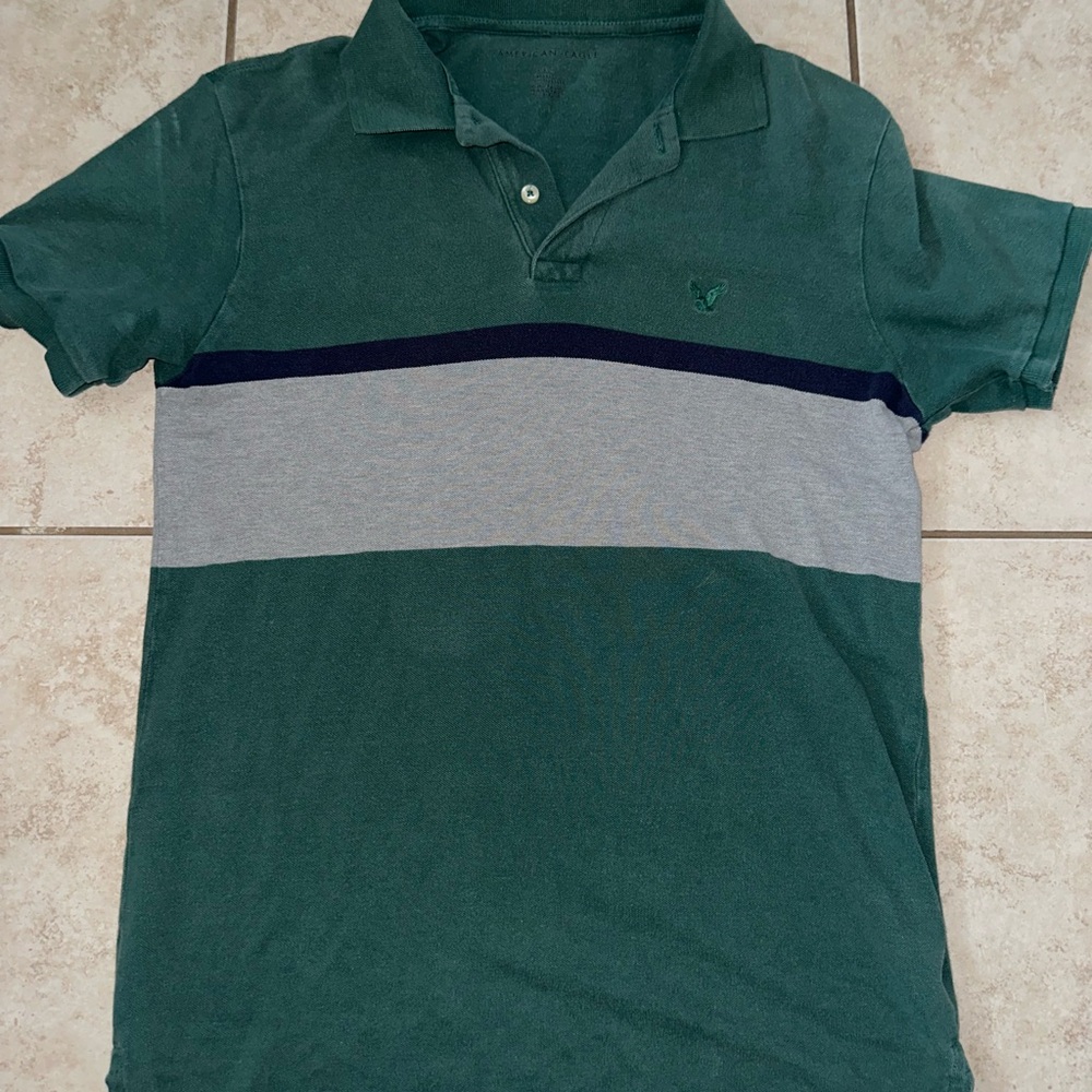 American Eagle Outfitters Polo in Green with Gray and Navy Accents